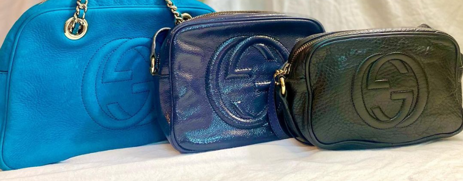 Affordable luxury bags available here in our boutique. The image shows various secondhand Gucci Soho bags of different colors.